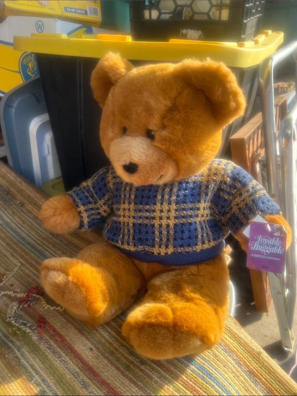 Joyable Huggable Plush Brown Bear in Blue Plaid Sweater